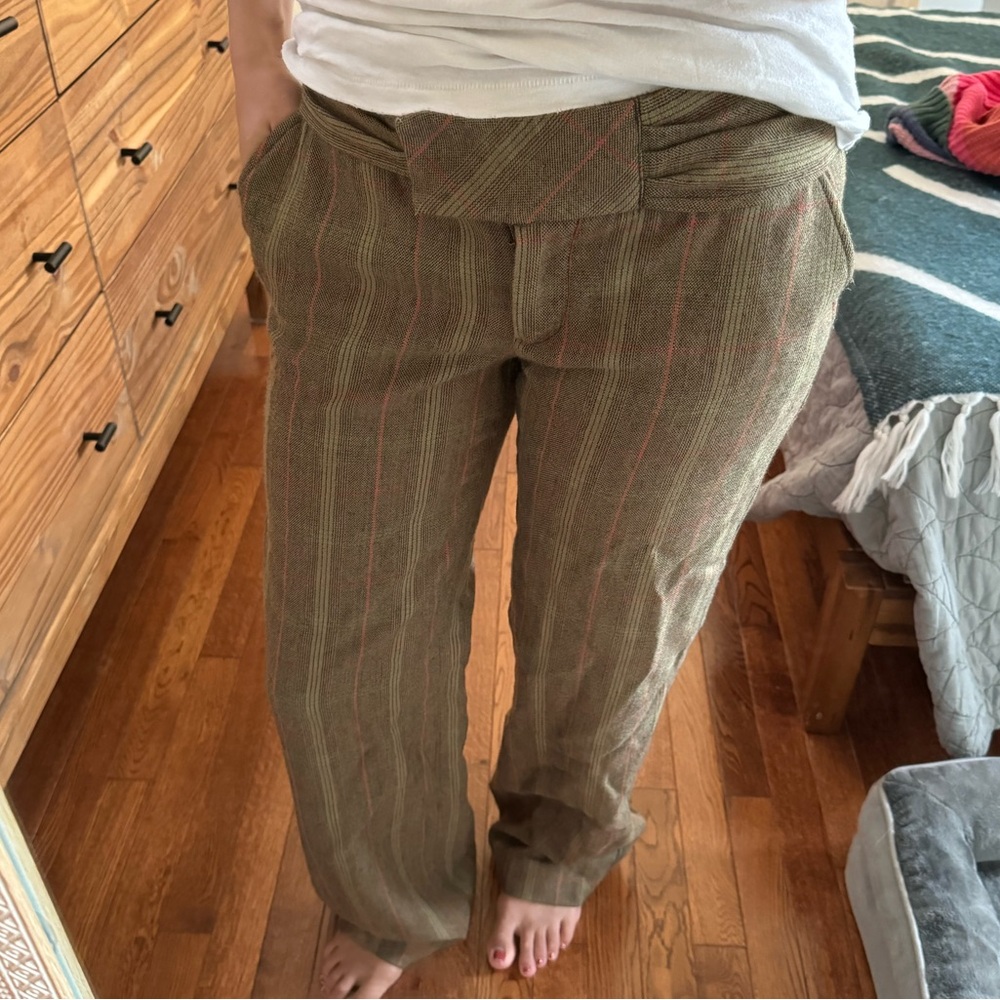 Free People Wool Plaid Pants Size 6 – Green High-Waisted Straight Leg